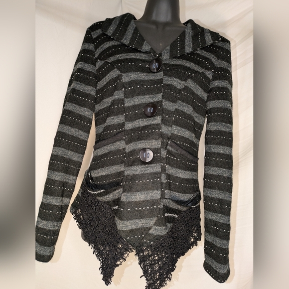 Young Essence Sweaters - SOLD. Young Essence Black & Gray Striped Cardigan